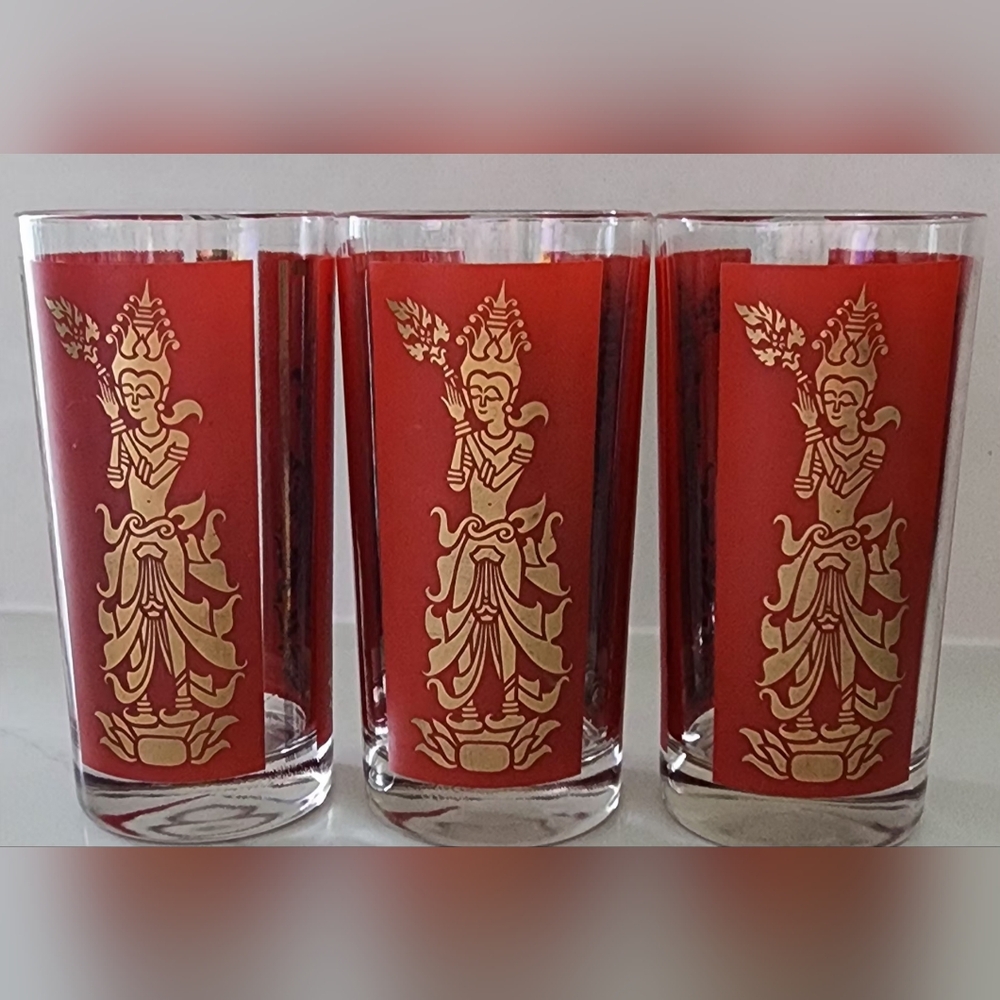 Vintage Mid-century Modern Thai Goddess Culver Red Gold Glasses Set‎ Of Three